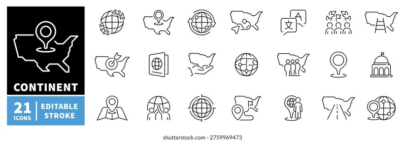 Continent outline icon set: editable stroke maps and global position icons in thin line style