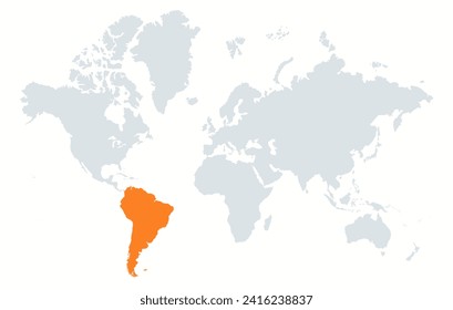 El continente de Sudamérica en el mapa del mundo. Destacado continente de Sudamérica en el mapa del mundo en estilo minimalista.