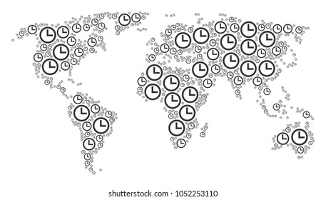 Continental atlas composition combined of clock icons. Vector clock icons are composed into geometric continent illustration.