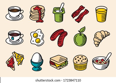 Continental breakfast set of vector icons for menus of cafe, restaurants, web etc.