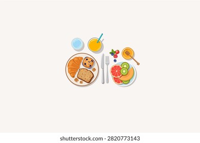 Continental Breakfast Vector Illustration with Croissant, Blueberry Muffin, Sliced Bread, Fresh Fruits, Honey, and Orange Juice Top View