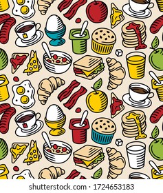 Continental breakfast vector seamless pattern for menus of cafe, restaurants, web etc.