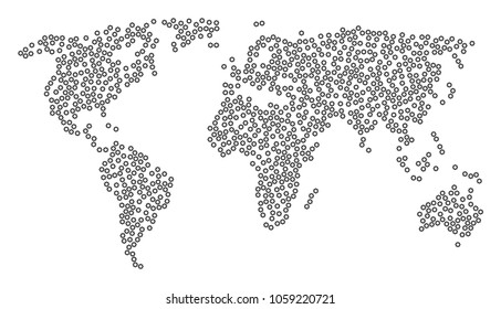Continental collage map made of gear elements. Vector gear scatter flat icons are united into mosaic global pattern.