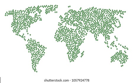 Continental composition map done of alien face items. Vector alien face scatter flat elements are composed into mosaic global illustration.