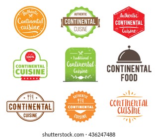 Continental cuisine, authentic traditional continental food typographic design set. Vector logo, label, tag or badge for restaurant and menu. Continental cuisine isolated.