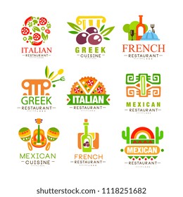 Continental cuisine logo design set, Italian, Greek, French, Japanese, Mexican authentic traditional continental food labels vector Illustrations