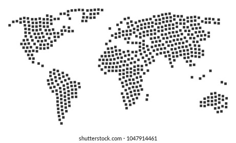 Continental map composition done of filled square pictograms. Vector filled square elements are united into geometric global plan.
