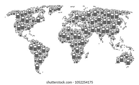 Continental map pattern combined of cell phone icons. Vector cell phone icons are combined into geometric global geography scheme.