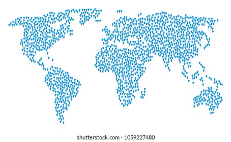 Continental pattern map constructed of electric bulb design elements. Vector electric bulb scattered flat icons are united into geometric world collage.