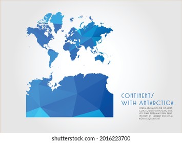 Continents With Antarctica map blue Color on white background polygonal