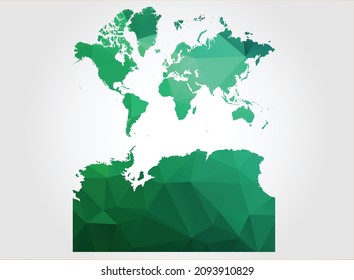 Continents With Antarctica Map Green Color on white background polygonal