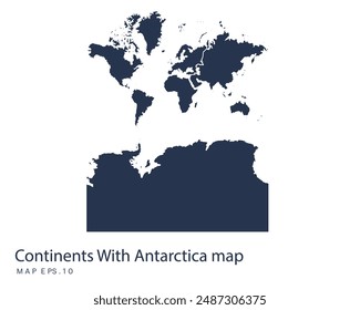 Continents With Antarctica map vector, Abstract design vector illustration Eps 10. Navy color.High Detailed on white background.