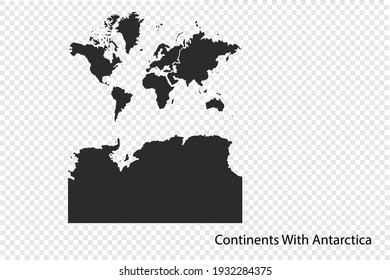 Continents With Antarctica map vector, black color. isolated on transparent background