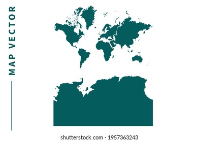 Continents With Antarctica map vector. green color on white background.