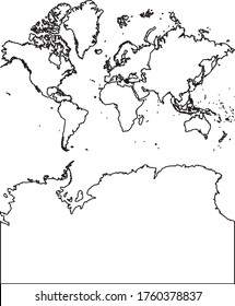 Continents with Antarctica map in white color and black border on white background. Vector illustration.