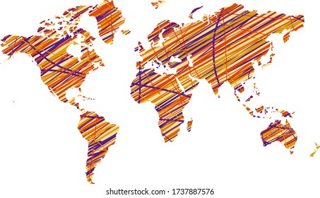 the continents are colored. drawing with colored pencils. continents in flat spray style