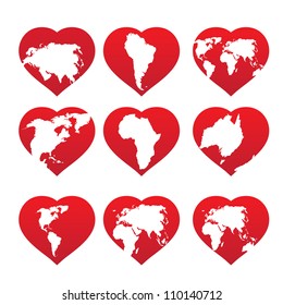 Continents inside red heart frame. Vector illustration.
