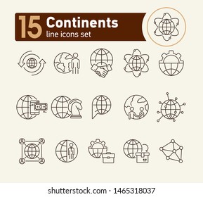 Continents line icon set. Globe, world, person, briefcase, handshake. Foreign affairs concept. Can be used for topics like global business, transaction, networking