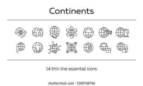 Continents line icon set. Globe, world, person, briefcase, handshake. Foreign affairs concept. Can be used for topics like global business, transaction, networking
