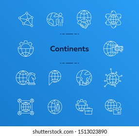 Continents line icon set. Globe, world, person, briefcase, handshake. Foreign affairs concept. Can be used for topics like global business, transaction, networking