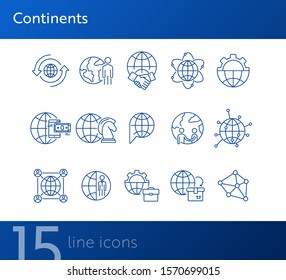 Continents line icon set. Globe, world, person, briefcase, handshake. Foreign affairs concept. Can be used for topics like global business, transaction, networking