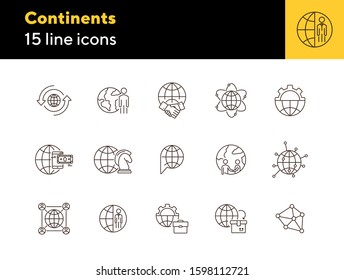 Continents line icon set. Globe, world, person, briefcase, handshake. Foreign affairs concept. Can be used for topics like global business, transaction, networking