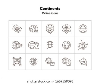 Conjunto de iconos de línea de continentes. Globo, mundo, persona, maletín, apretón de manos. Concepto de relaciones exteriores. Se puede utilizar para temas como negocios globales, transacciones, redes