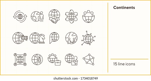 Continents line icon set. Globe, world, person, briefcase, handshake. Foreign affairs concept. Can be used for topics like global business, transaction, networking