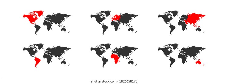 Continents map. Vector world globe illustration for web. Red and black icon set Asia, America, Europe, Africa and Australia