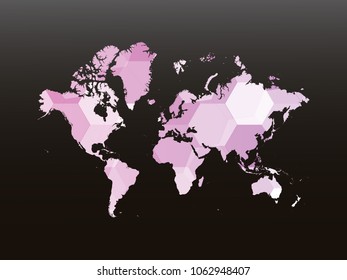 Continents map-Purple map made of hexagon on black and gray background, gradient color. Vector illustration eps 10.