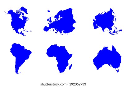 Continents maps, separated, vector isolated on white background. High detailed silhouette illustration.