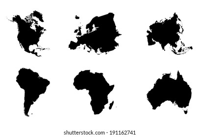 Continents maps vector isolated on white background. High detailed silhouette illustration.