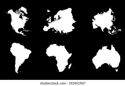 Continents maps vector isolated on black background. High detailed white silhouette illustration.