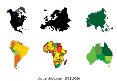 Continents maps vector silhouette isolated on white background. High detailed illustration. Europe map. Asia. Australia. Africa map. South America. World map.