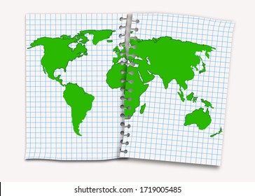 continents of the planet earth are drawn on notebook sheets. Concept on environmental protection. Isolated vector on white background