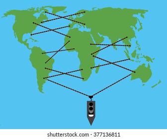 continents tied shoelaces and pulls their ship