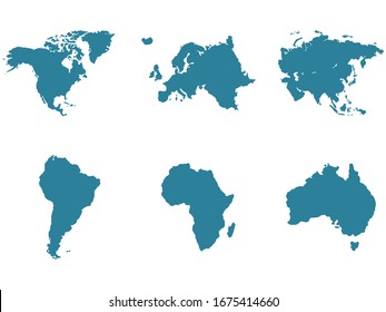 Continents vector map illustration. World map divided into six continents.  Simple flat vector illustration.