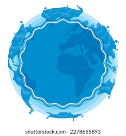 Continents with watery effect and round blank label. Blue template in cartoon style.