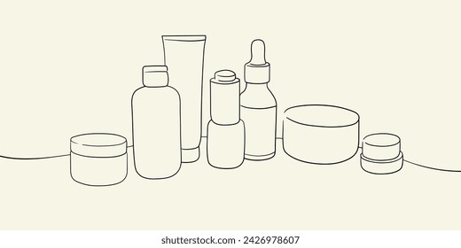 Continious line drawing skin care cosmetics collection, tube of face and body cream in line art style on yellow background. 