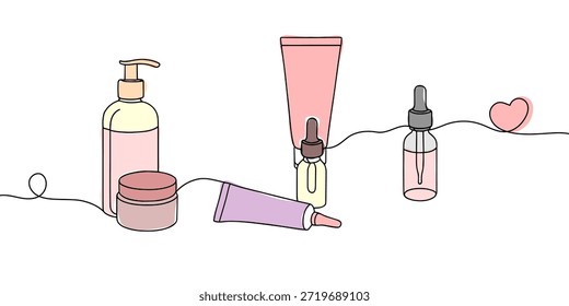 Continious line drawing skin care cosmetics collection, tube of face and body cream in line art style on white background with colour shape. 