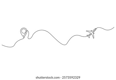 Continious Line Travel Concept Vector Illustration, Continuous line drawing of airplane, destination line path of airplane flight route with starting point location, Path with location pins.