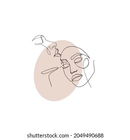 Continous line art , drawing of faces as couple with a colored circle at the background