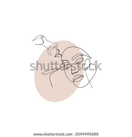 Continous line art , drawing of faces as couple with a colored circle at the background