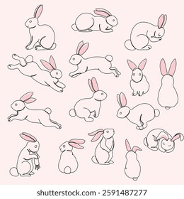Continous line art drawing Rabbits collection. Vector illustration of cute line art bunny in different poses and actions.