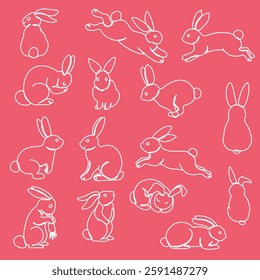 Continous line art drawing Rabbits collection. Vector illustration of cute line art bunny in different poses and actions.