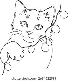 Continous line drawing line drawing a cat with Christmas lights kitten animal