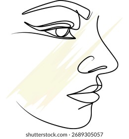Línea continua dibujando el perfil de una mujer con pinceladas abstractas amarillas cara femenina