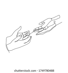 Continous line of hands offering help salvation. Vector illustration