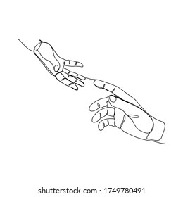 Continous line of hands offering help salvation. Vector illustration