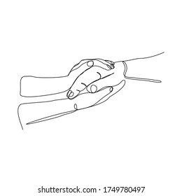 Continous line of hands offering help salvation. Vector illustration